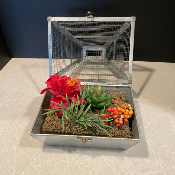 Galvanized metal faux flower terrarium cottage country home decor latch to open - Picture 4 of 8